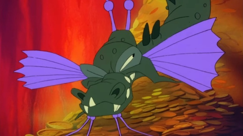 A cartoon dragoon sneering at the camera with a pile of gold in the background.
