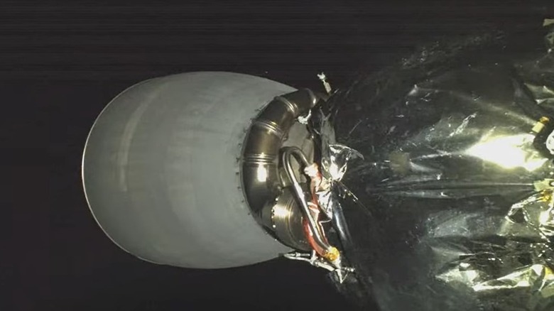 Close up of rocket engine in space from onboard camera