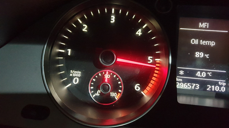 A tachometer showing RPMs in the redline