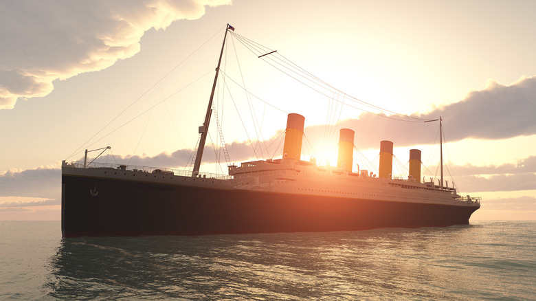 Historic passenger ship Titanic on the high seas at sunset