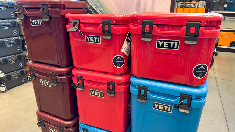 Yeti coolers stacked on top of each other.