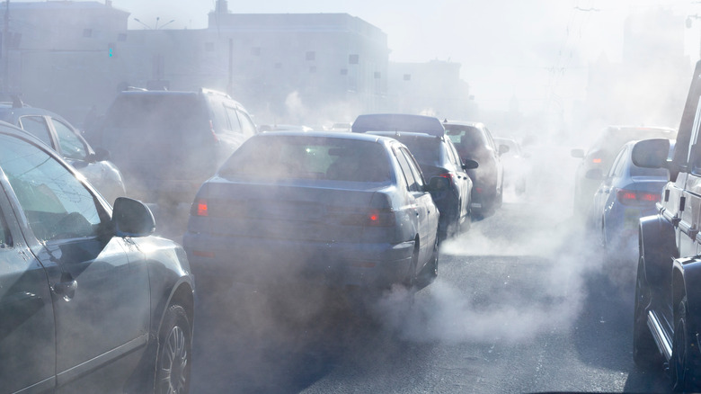 Gasoline powered cars on the road during winter