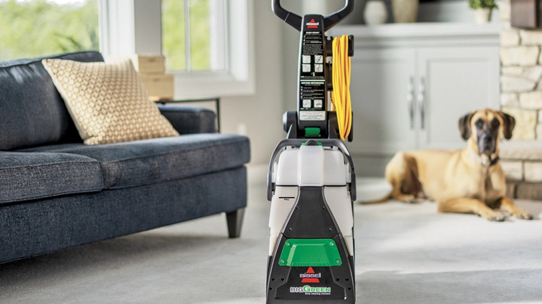 A close up of a Bissel carpet cleaner placed next to a sofa and a pet dog