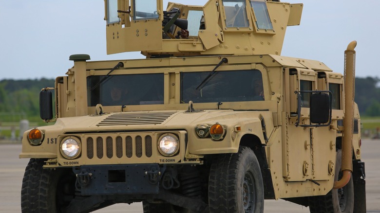 An up-armored HMMWV parked at an air show in 2015