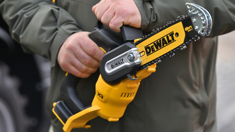 Man holding a DeWalt pruning chainsaw