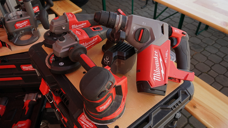 A pile of Milwaukee tools