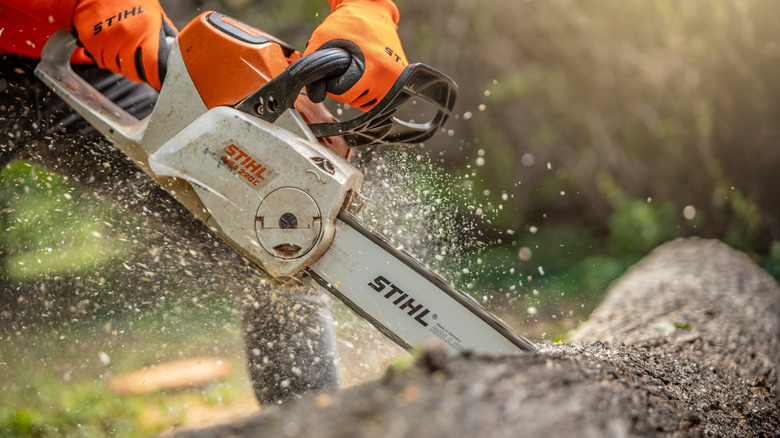 Stihl chainsaw cutting a log