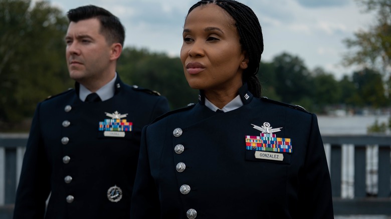 Two Space Force personnel model the prototype dress uniform in 2021