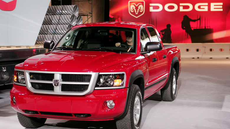 Red dodge dakota pickup truck on display