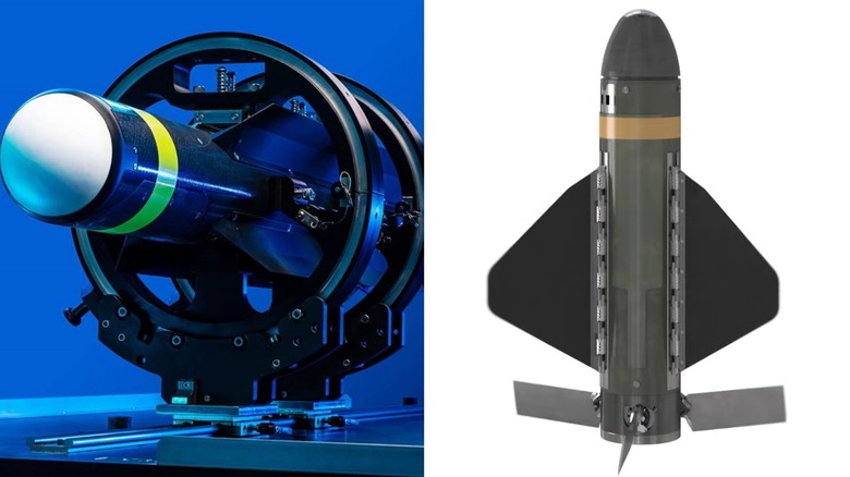 A Coyote U-CAS held within a launch cradle and a side view of a Hatchet bomblet