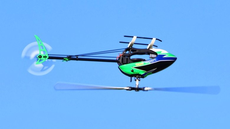 An RC helicopter flying inverted
