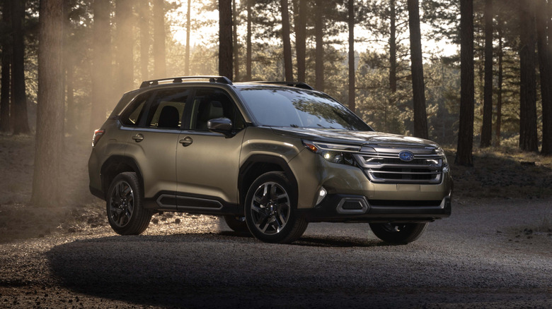 Ttan 2025 Subaru Forester parked on a road in the woods