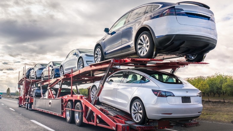 Tesla vehicles on delivery truck