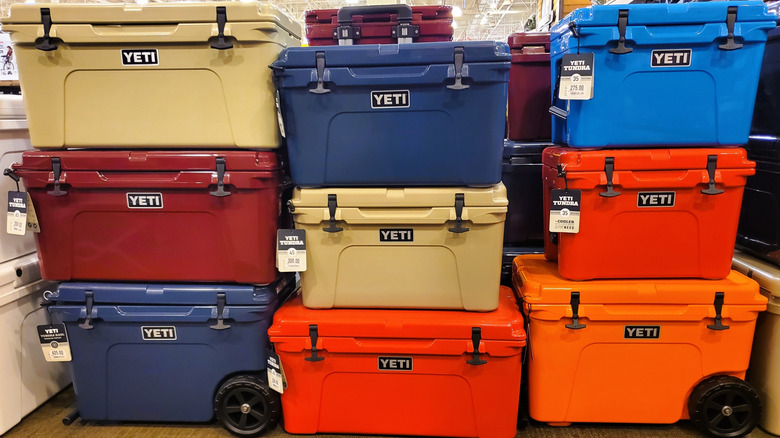 Colorful Yeti coolers on display in a store