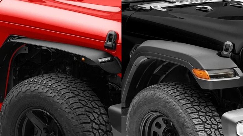 Split image: Jeep Wrangler with flat fender flares and a Wrangler with high clearance fender flares