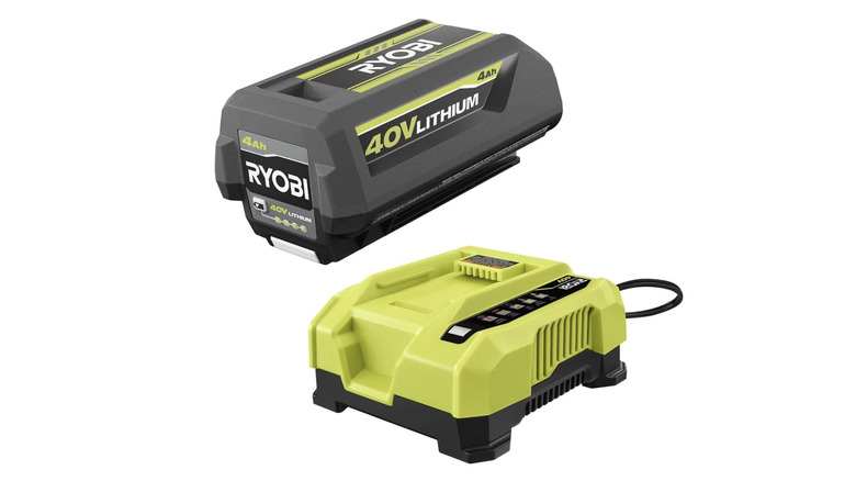 A 40V Ryobi battery next to Ryobi 40V Hyper Charger.