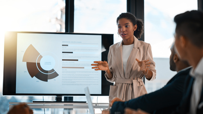 display showing chart during office meeting