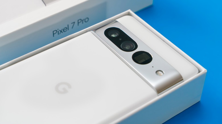 White Google Pixel 7 Pro in its retail box.