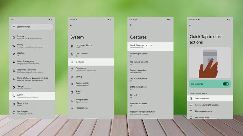 Google Pixel screenshots showing Quick Tap.