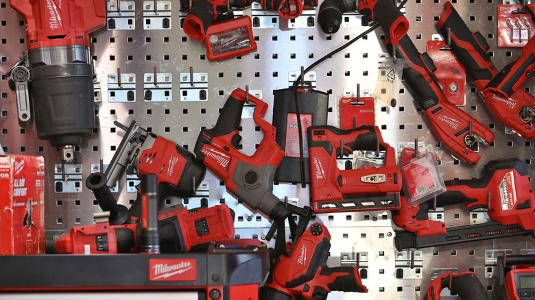 a rack of Milwaukee tools on display