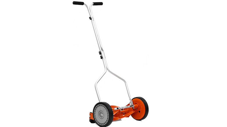American Lawn Mower 14-inch 4-blade with an orange trim on a white background
