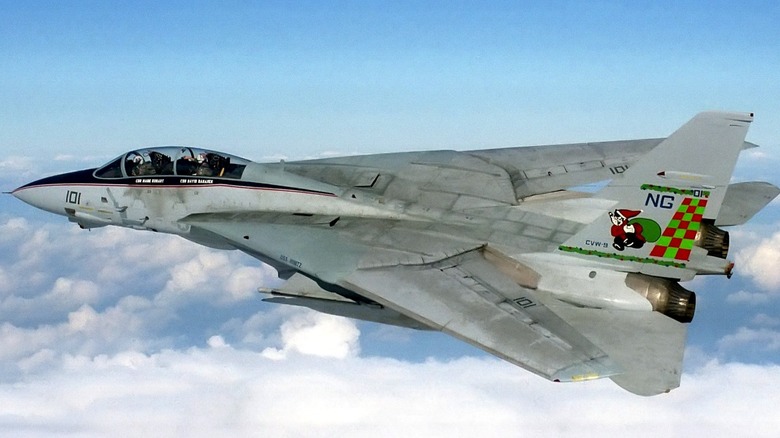 An F-14A Tomcat flying over clouds