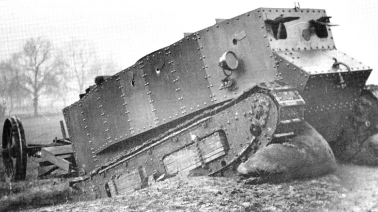 Little Willie crossing a trench at the Wilson-Tritton track at Burton Park, Lincoln.