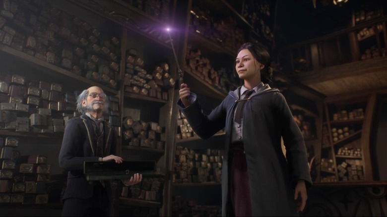 Custom witch character testing her new wand in Hogwarts Legacy.