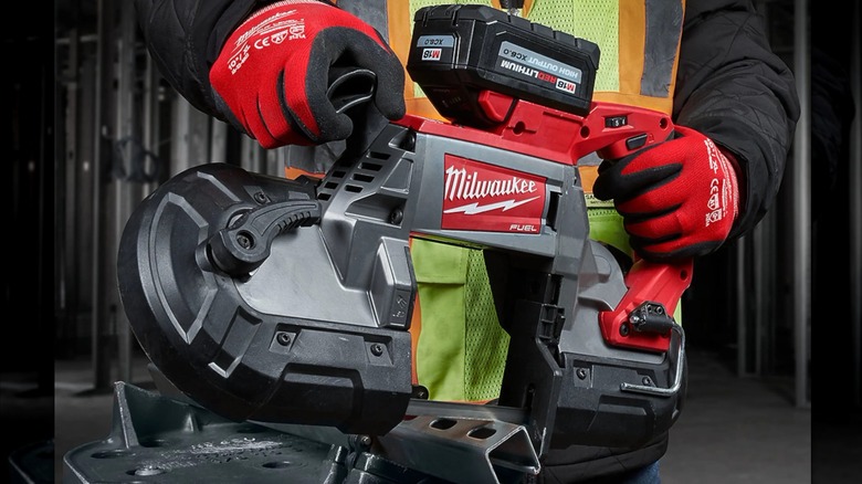 Milwaukee M18 Fuel bandsaw with an M18 High-Output XC 6-Ah battery attached
