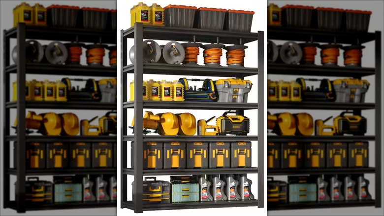 Huluwat 6-tier steel shelving unit loaded with various garage accessories