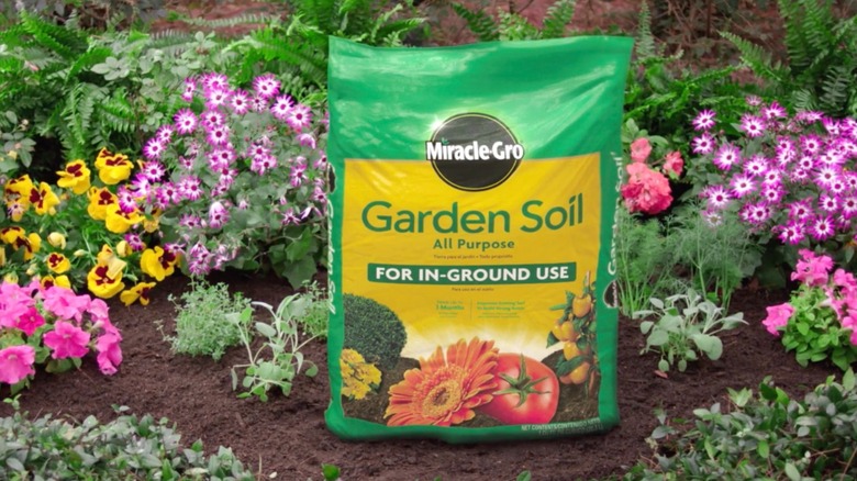 Bag of Miracle-Gro All-Purpose Garden Soil in a garden surrounded by flowers