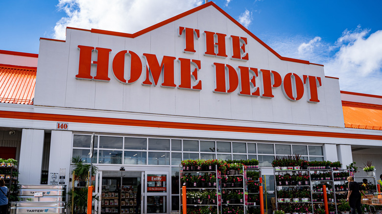 Home Depot store front displaying flowers