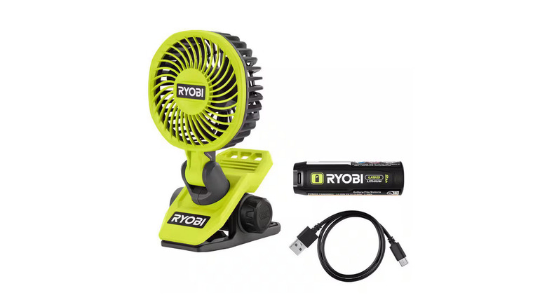 The Ryobi USB Lithium Clamp Fan Kit on a white background.