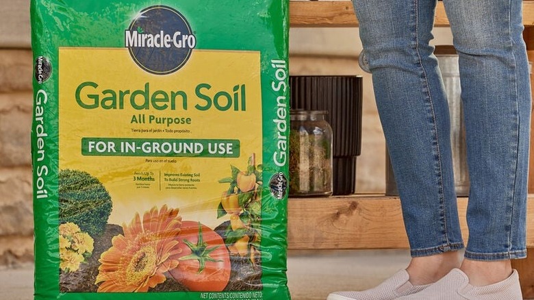 Person standing next to a bag of Miracle-Gro All-Purpose Garden Soil