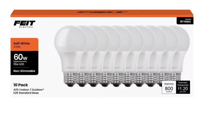 a box of 10 Feit 60W A19 LED light bulbs