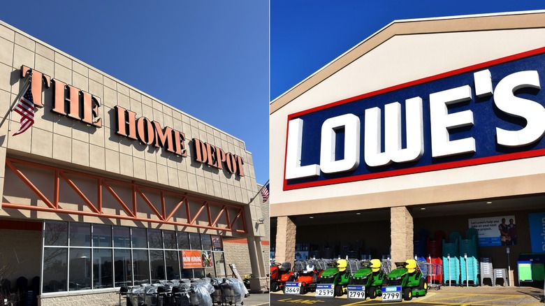 Split image of Home Depot and Lowe's storefront during the day