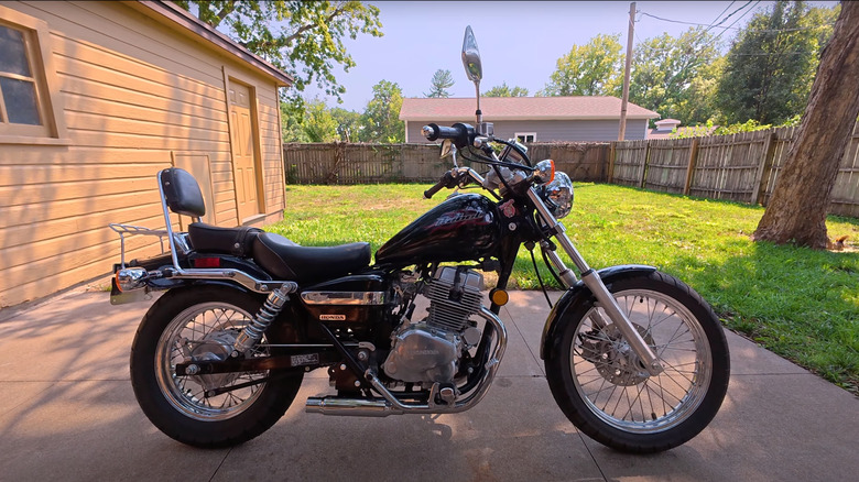 A 2005 Honda Rebel 250 with an aftermarket exhaust system.