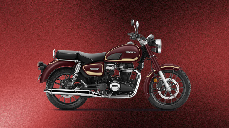 Side view of a Honda CB350C Special Edition in Red Metallic color with a red background