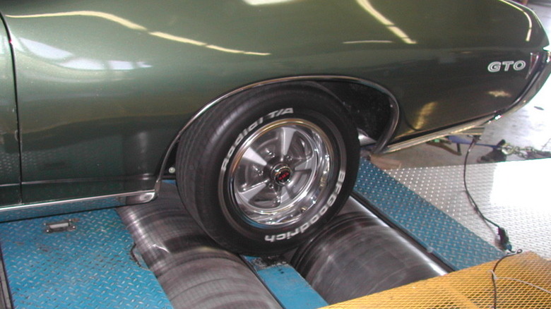 A Pontiac GTO on a chassis dynamometer