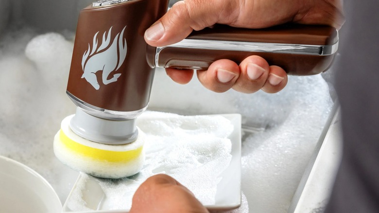 A person cleaning a dish with a Horsepower scrubber.