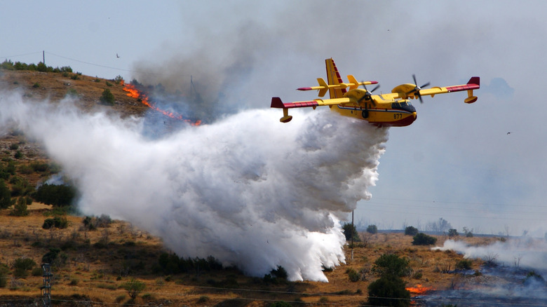 Super Scooper aircraft dropping water on wildfire.