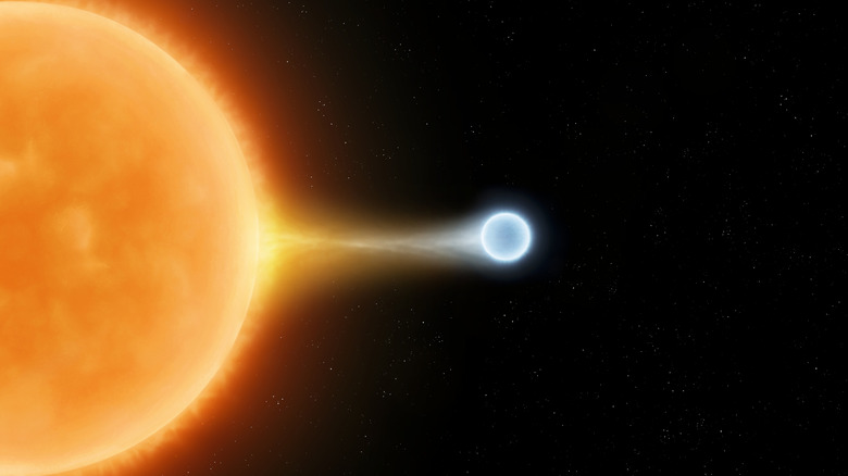 Depiction of a white dwarf drawing matter from a neighboring star