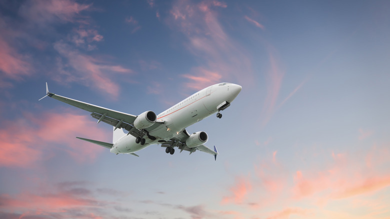 Airplane flying in beautiful sky with clouds at sunset.
