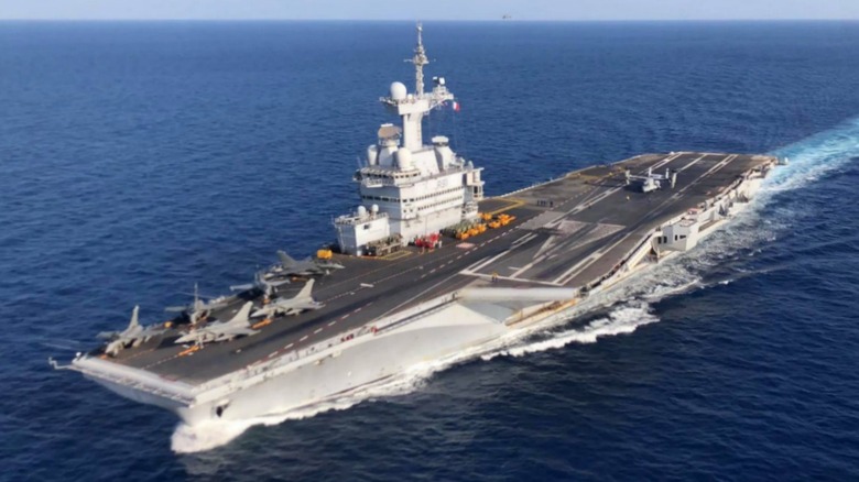 The Charles de Gaulle aircraft carrier at sea