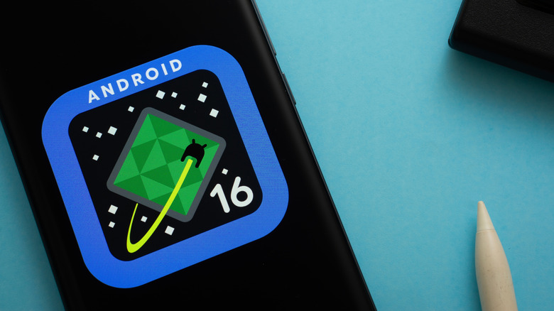 Android 16 logo on smartphone screen