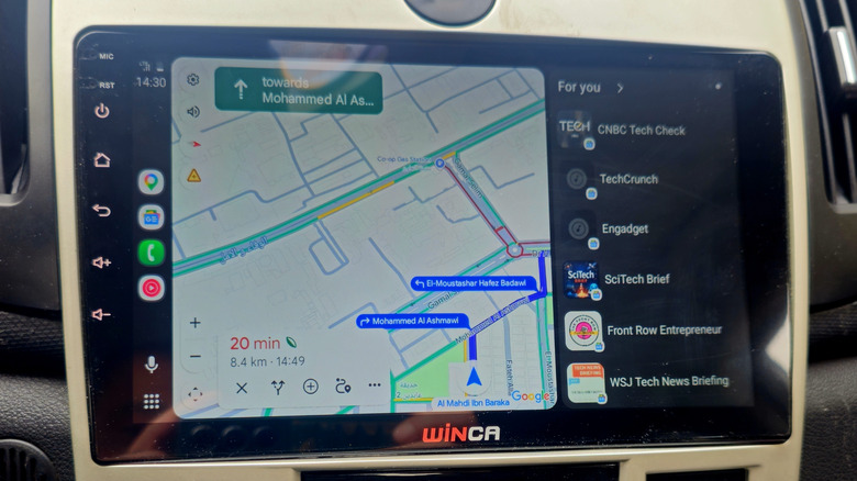 A close-up of Google Maps on Android Auto on an in-car display