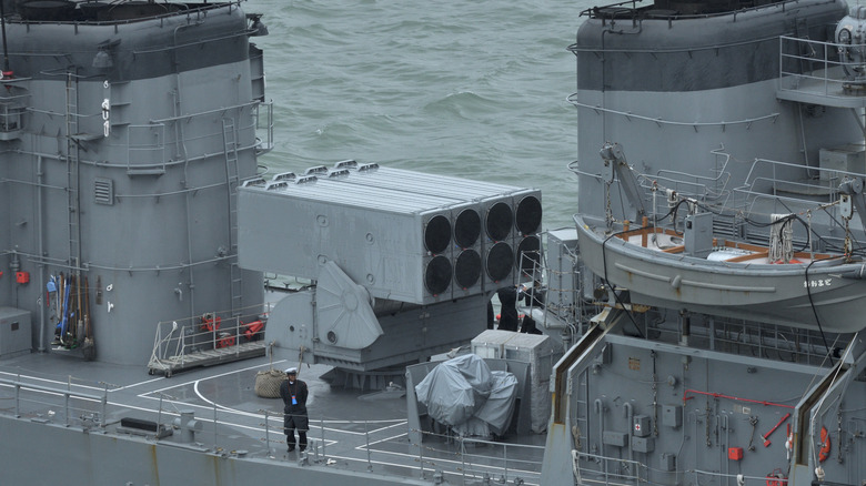 Anti submarine rocket launcher on ship