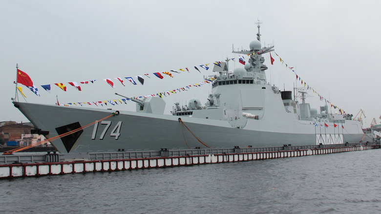 Chinese Navy destroyer "Haifa" and the frigate "Unicen" in the harbour in the city centre.