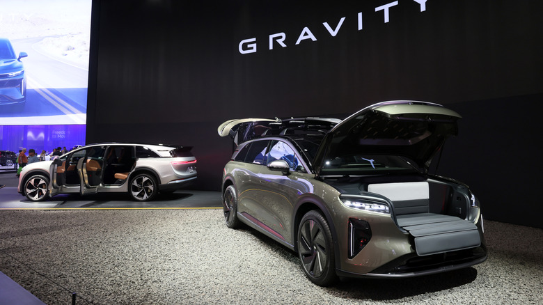 Two Lucid Gravity SUVs on display