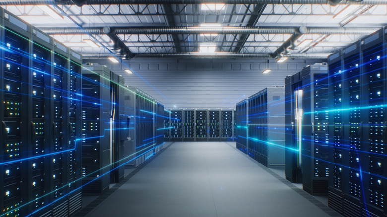 Futuristic Data Center with Server Racks in Big Warehouse.